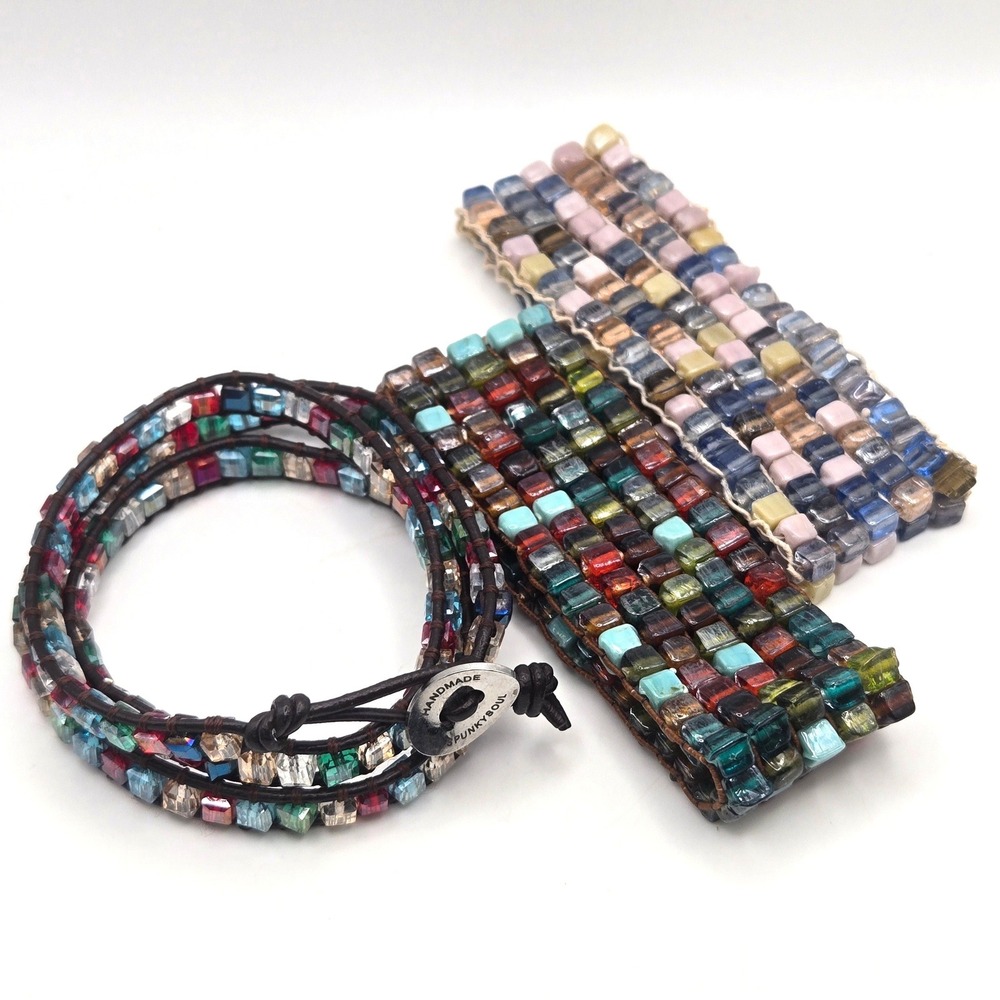 Spunky Soul Handmade Leather Wrap Bracelet And 2pc Multi Color Glass Bead Boho